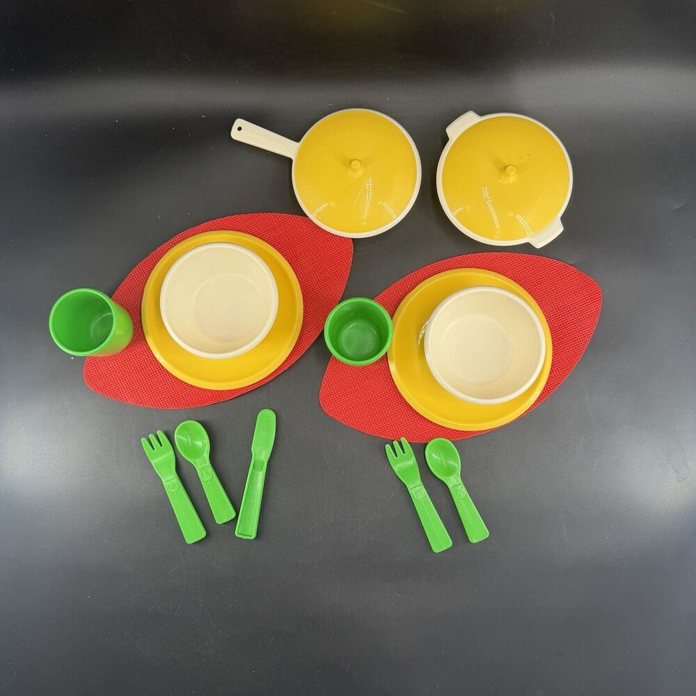 Vintage 80’s Little Tikes Kitchen Pretend Play Set Dishes Pans Plates Placemat